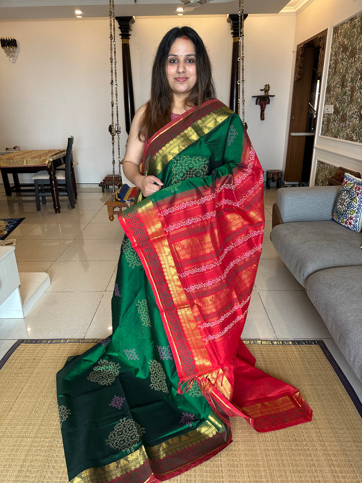 Green with Red Kolam Handblock Printed Silk Cotton Saree