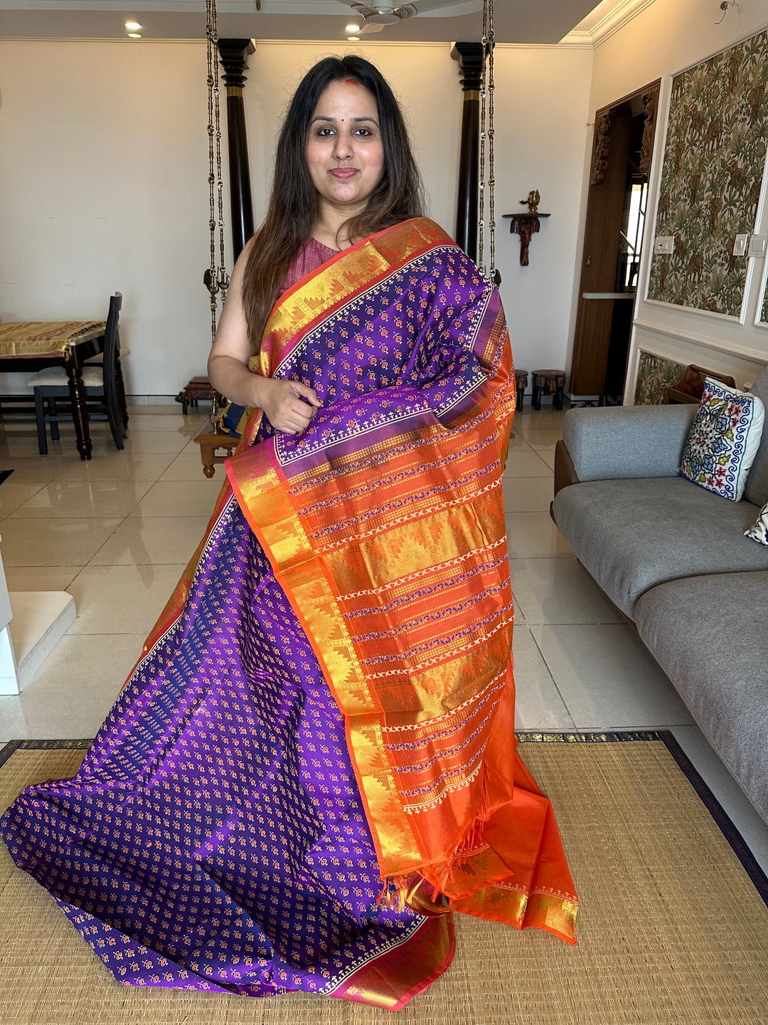 Purple with Orange Handblock Printed Silk Cotton Saree