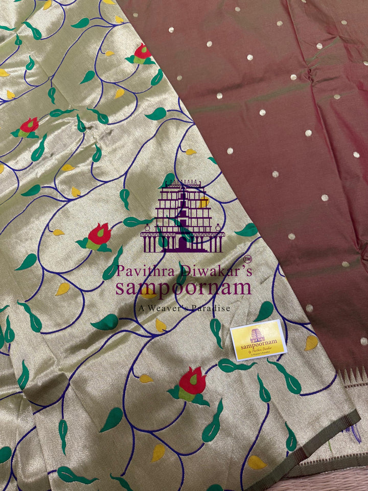 Manthulir Green Paithani muniya borders , rich butta in the body , and grand Paithani Pallu , Semi Paithani Soft Silk Sarees