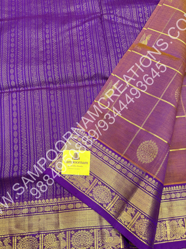 Shade of Lavender, Rich Mayil and Chakram Butta in the Body with Zari Checks, Traditional Borders and Rich Pallu, Pure Silk Cotton Saree