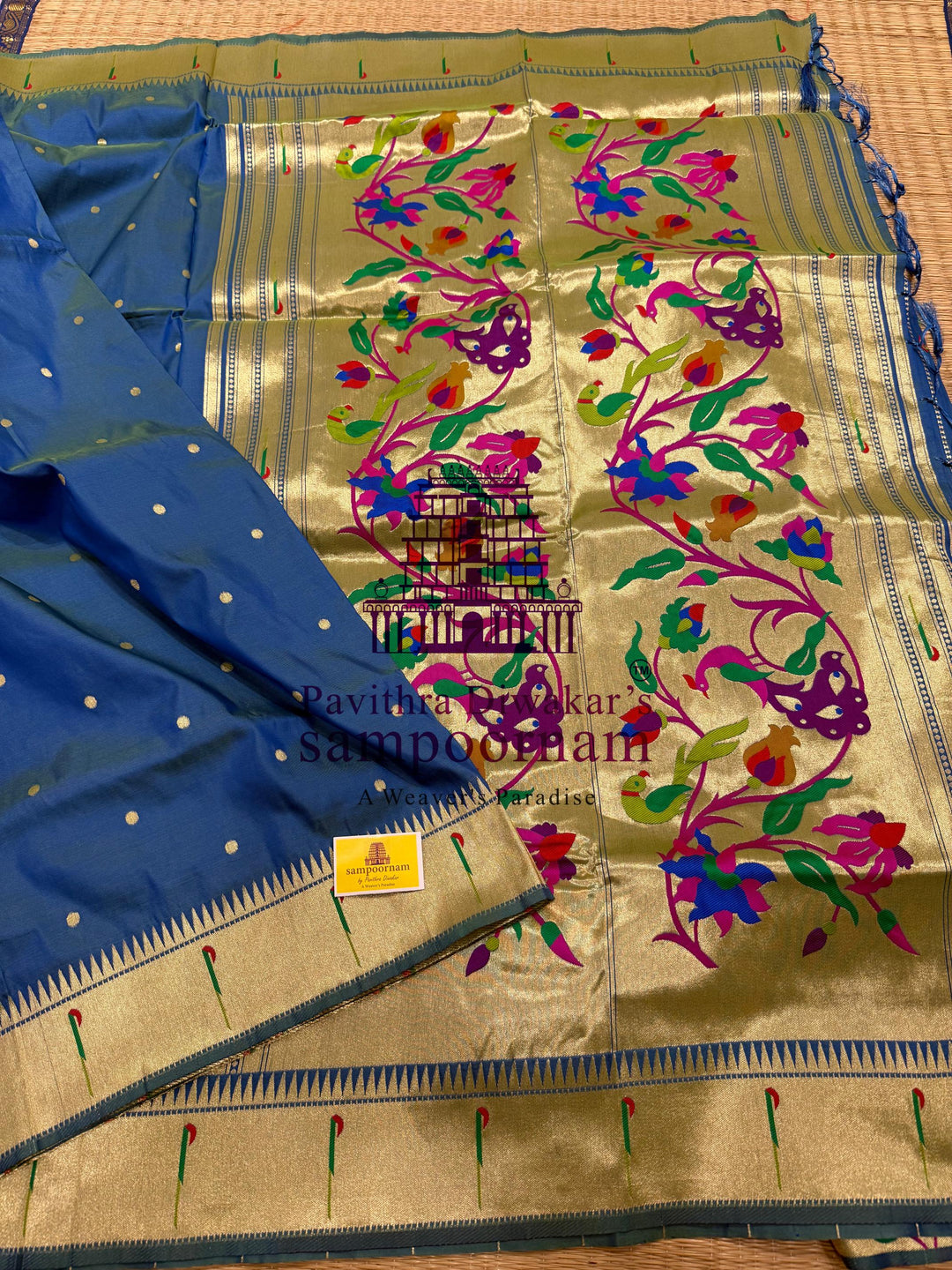 Mayil Kazhuthu Blue Paithani muniya borders , rich butta in the body , and grand Paithani Pallu , Semi Paithani Soft Silk Sarees