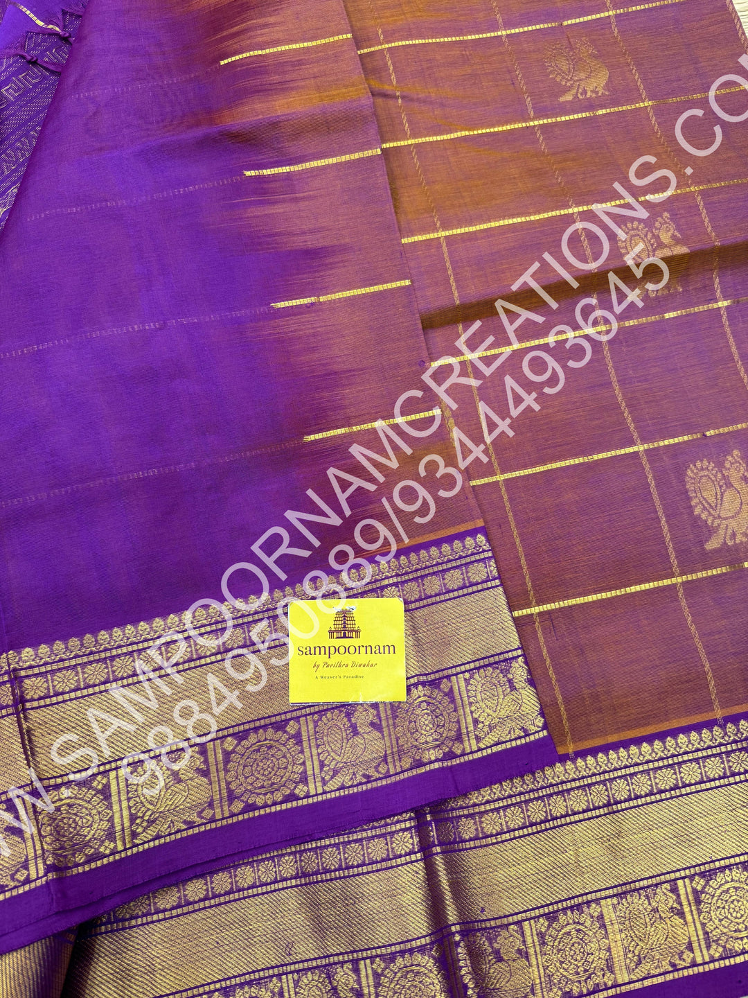 Shade of Lavender, Rich Mayil and Chakram Butta in the Body with Zari Checks, Traditional Borders and Rich Pallu, Pure Silk Cotton Saree