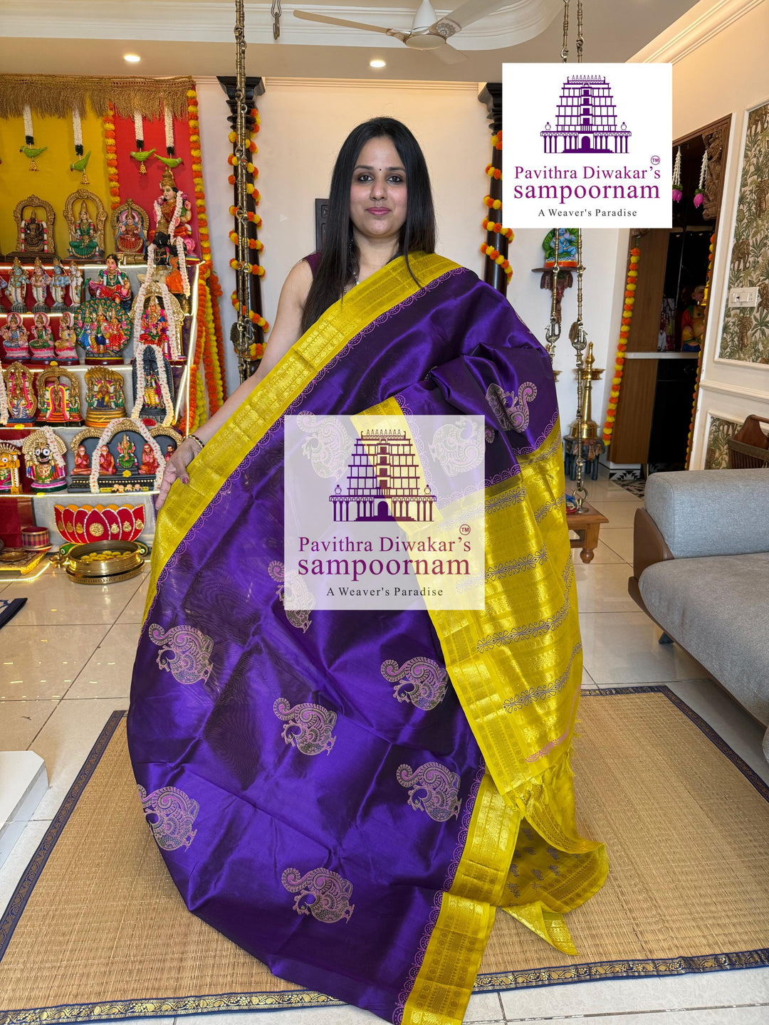 Purple with Lemon Yellow , traditional borders and rich pallu , Annam Handblock Printed Korvai Silk Cotton Saree