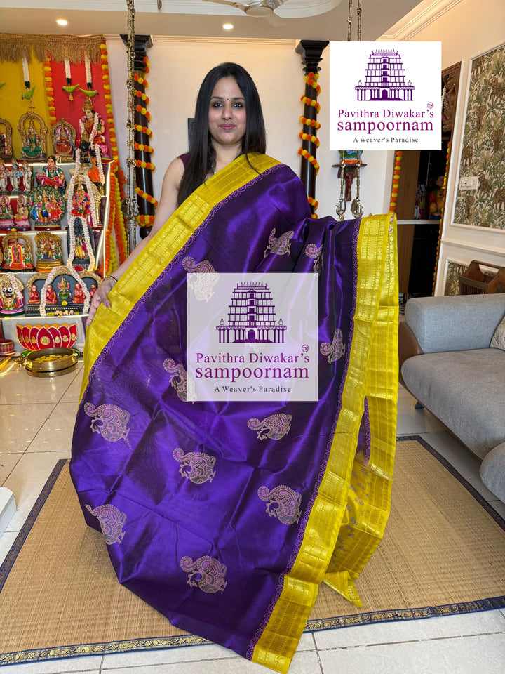 Purple with Lemon Yellow , traditional borders and rich pallu , Annam Handblock Printed Korvai Silk Cotton Saree