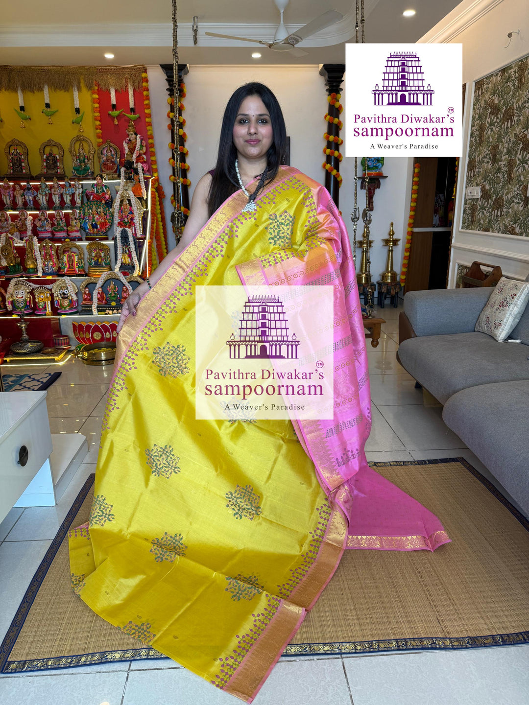 Yellow with Baby Pink , with rich Zari Butta in the Body ,traditional borders and rich Pallu silk cotton saree