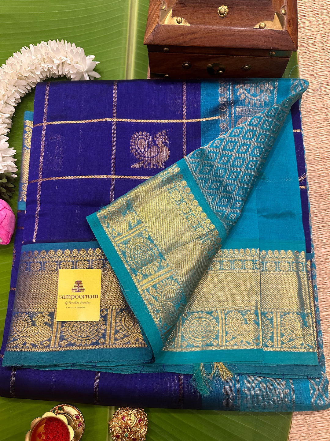 Indigo Blue with Turquoise Blue Mayil Chakram Silk Cotton Saree