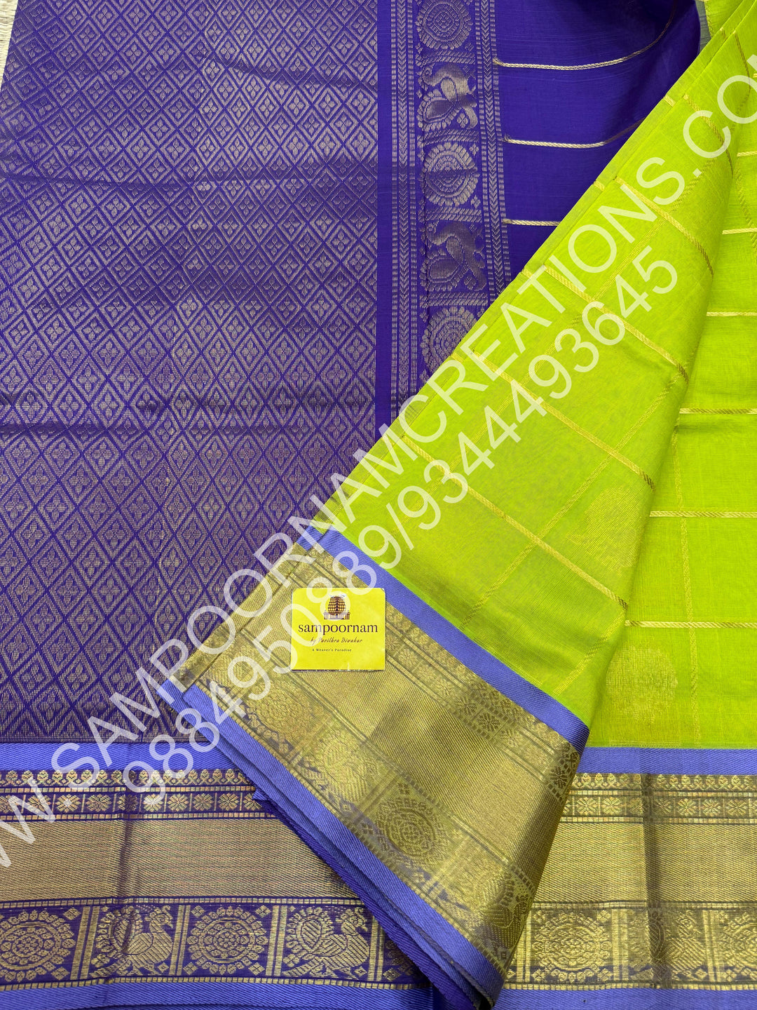 Leaf Green with Lavender, Rich Mayil and Chakram Butta in the Body with Zari Checks, Traditional Borders and Rich Pallu, Pure Silk Cotton Saree