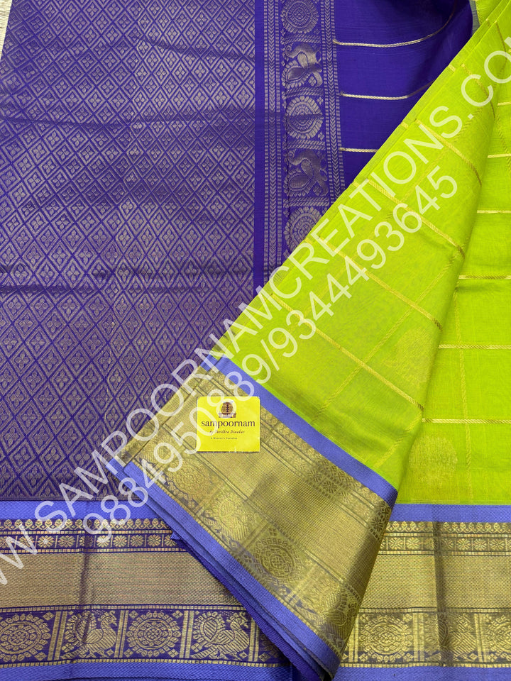 Leaf Green with Lavender, Rich Mayil and Chakram Butta in the Body with Zari Checks, Traditional Borders and Rich Pallu, Pure Silk Cotton Saree