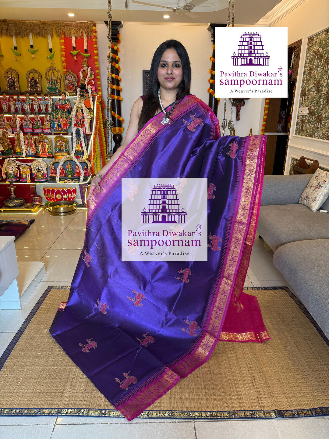 Purple with Pink  , traditional borders , Terracota horse printed Silk Cotton Saree