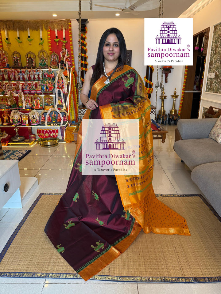 Araku with Mustard  , traditional borders and rich Pallu , Terracota horse printed Silk Cotton Saree