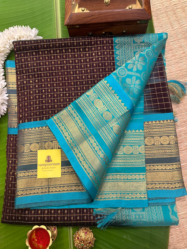 Dark Brown with Turquoise Blue Zari Lakshadeepam Silk Cotton Saree