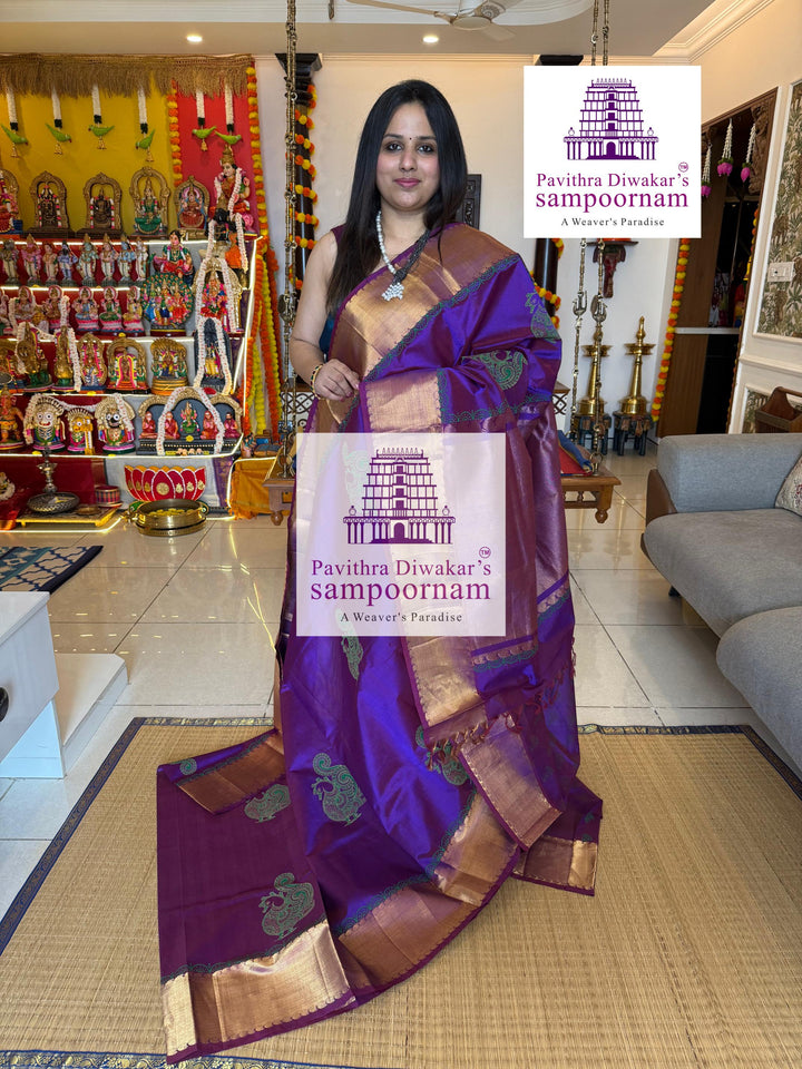 Purple , rich zari borders and traditional pallu , Annam Handblock Printed Korvai Silk Cotton Saree