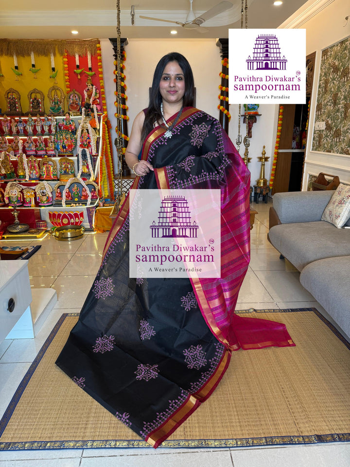 Black with Pink , traditional borders and rich Pallu Kolam Handblock Printed Silkcotton Saree
