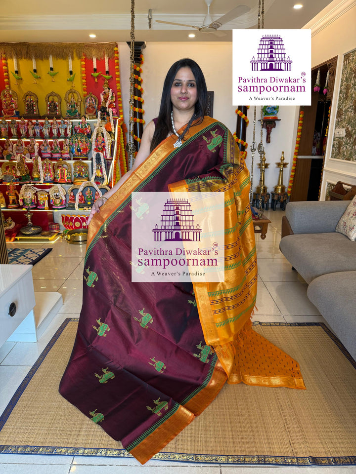 Araku with Mustard  , traditional borders and rich Pallu , Terracota horse printed Silk Cotton Saree