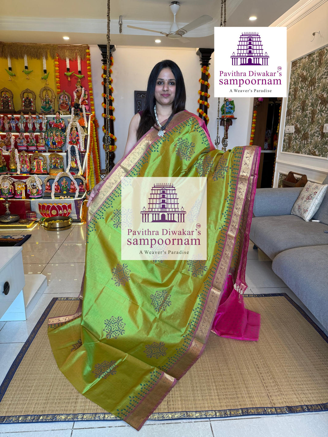 Light Green with Pink , with rich Zari Butta in the Body ,traditional borders and rich Pallu silk cotton saree