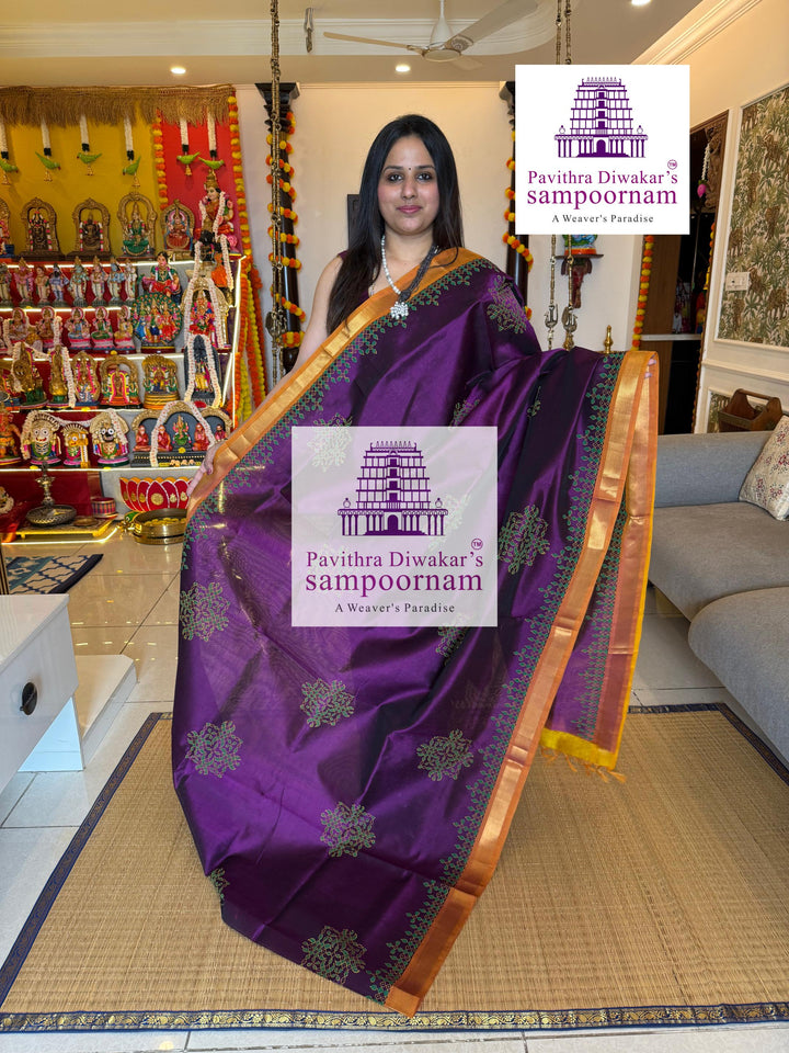 Purple with Fenugreek , traditional borders and rich Pallu Kolam Handblock Printed Silkcotton Saree