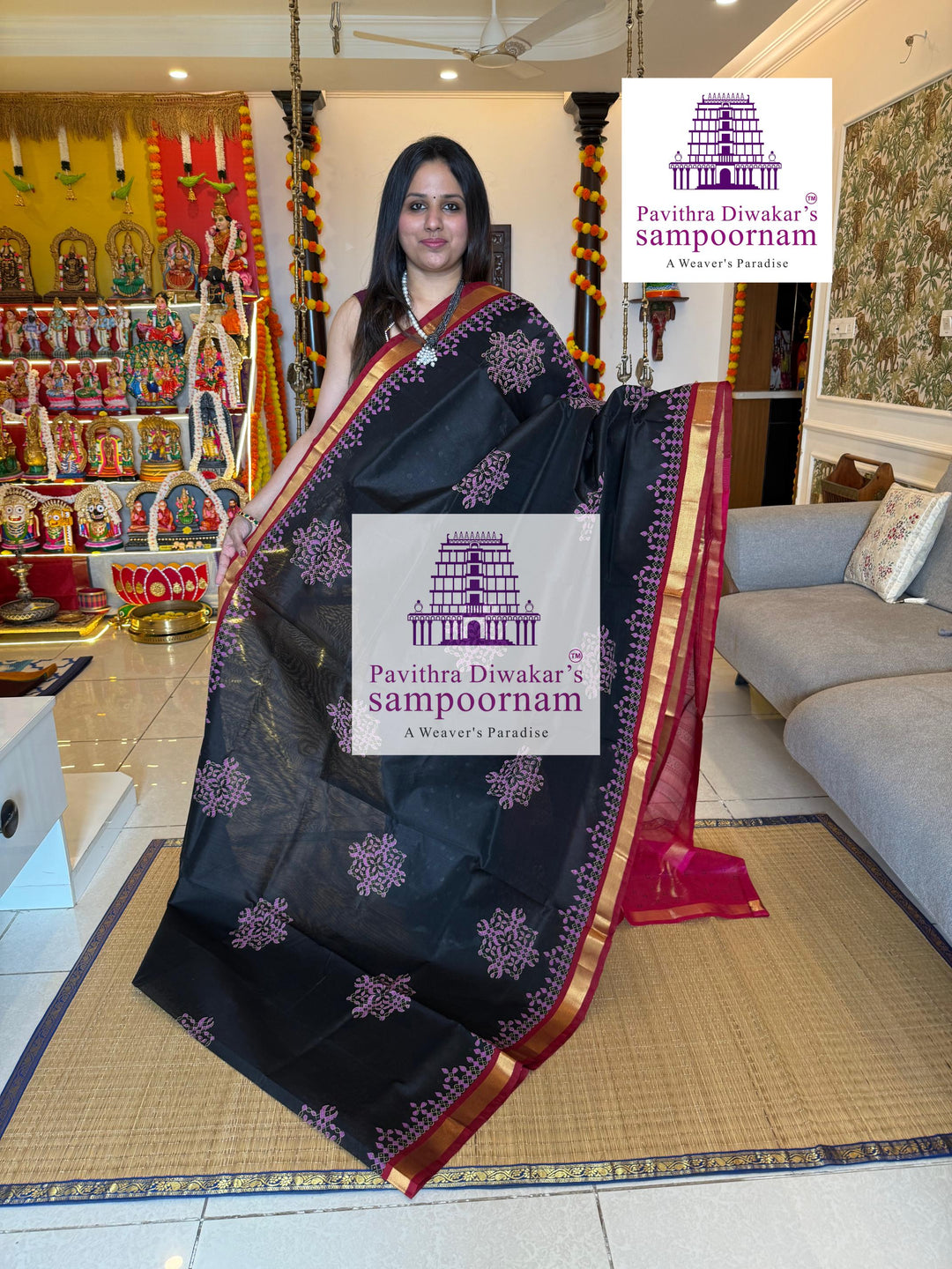 Black with Pink , traditional borders and rich Pallu Kolam Handblock Printed Silkcotton Saree