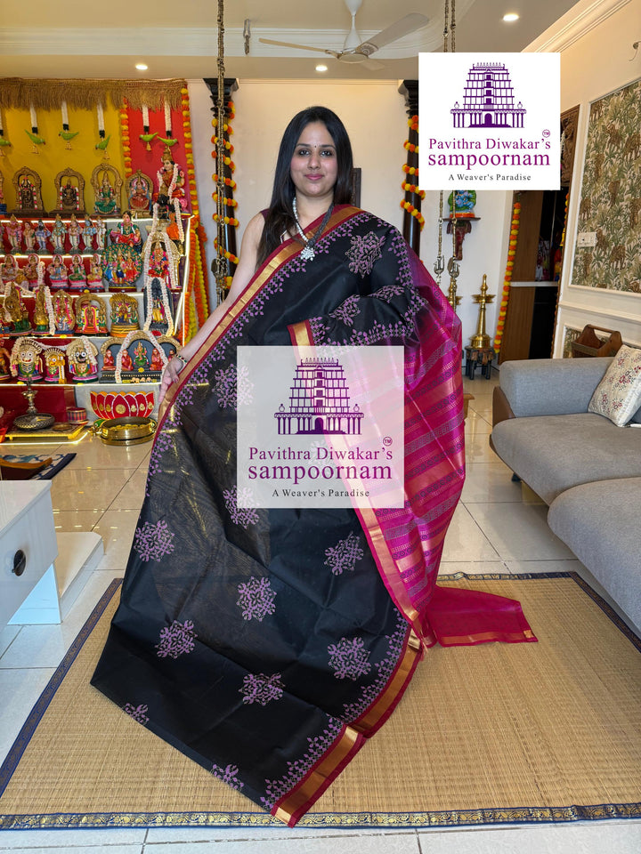 Black with Pink , traditional borders and rich Pallu Kolam Handblock Printed Silkcotton Saree