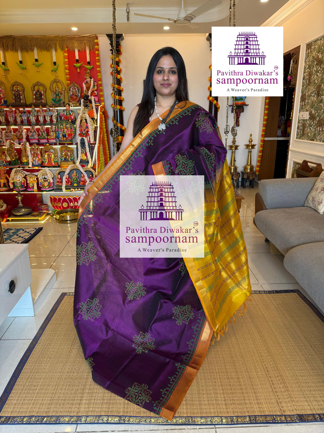 Purple with Fenugreek , traditional borders and rich Pallu Kolam Handblock Printed Silkcotton Saree