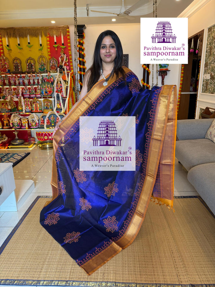 Blue with Mustard , traditional borders and rich Pallu Kolam Handblock Printed Silkcotton Saree