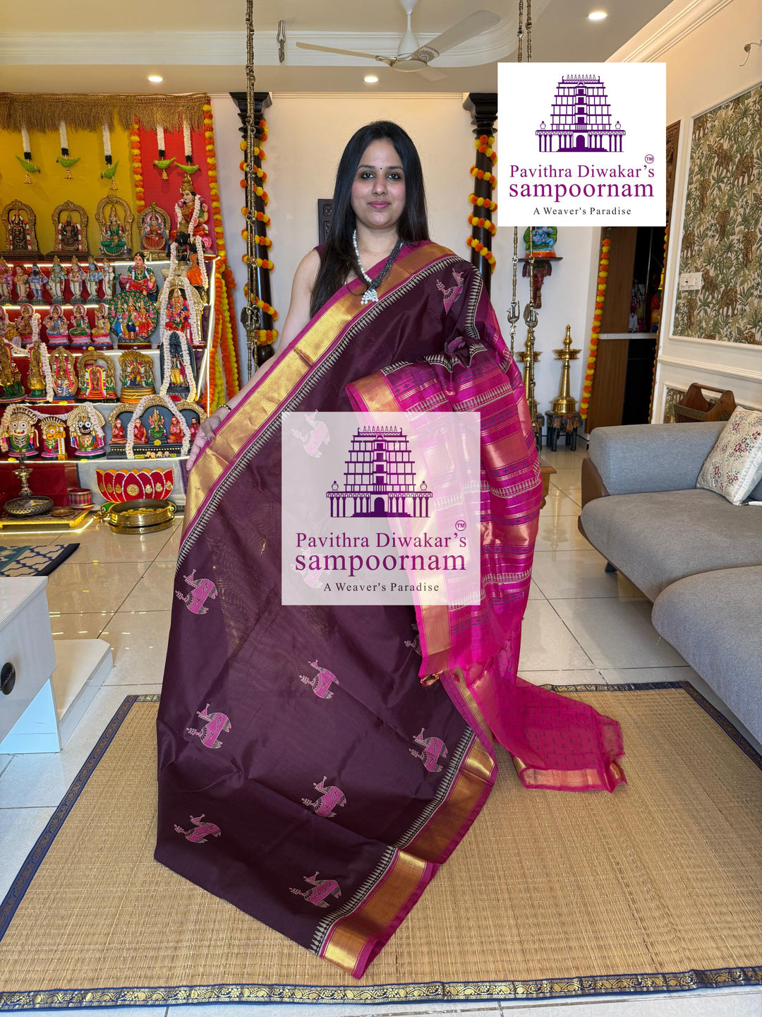 Dark Brown with Pink , traditional borders and rich Pallu , Terracota horse printed Silk Cotton Saree