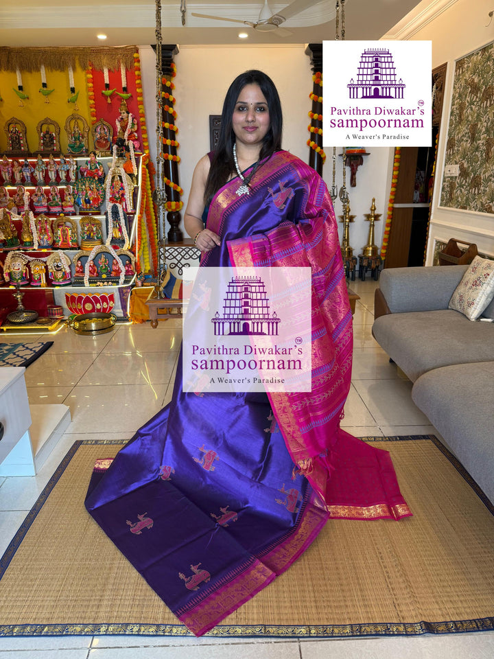 Purple with Pink  , traditional borders , Terracota horse printed Silk Cotton Saree