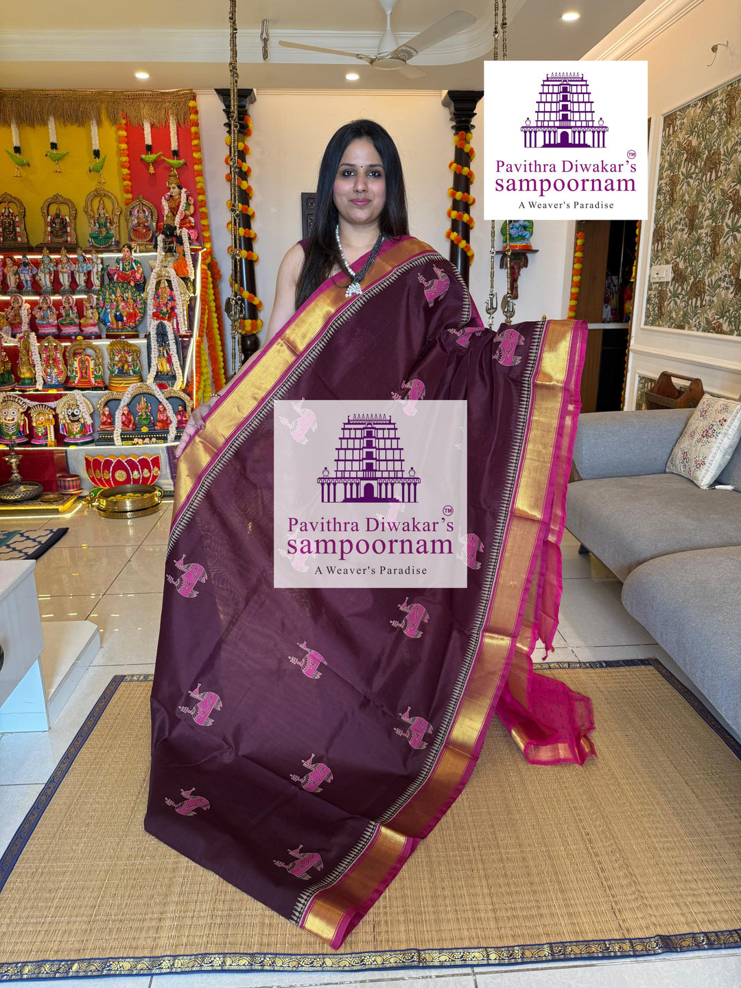 Dark Brown with Pink , traditional borders and rich Pallu , Terracota horse printed Silk Cotton Saree