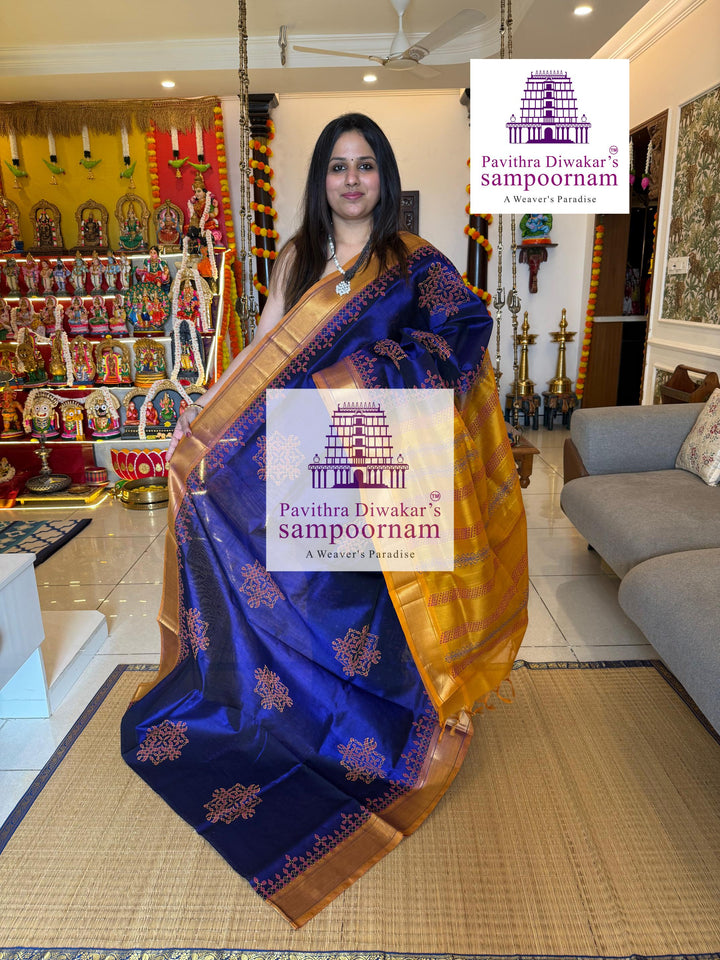 Blue with Mustard , traditional borders and rich Pallu Kolam Handblock Printed Silkcotton Saree