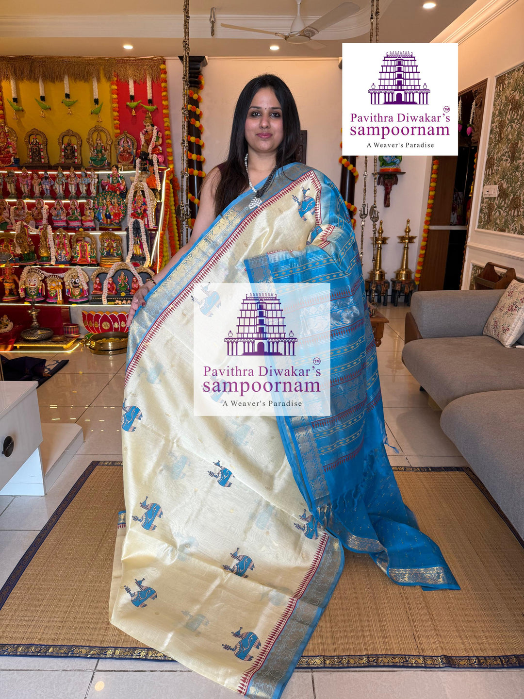 Offwhite with Blue , rich zari butta in the body , traditional borders , Terracota horse printed Silk Cotton Saree