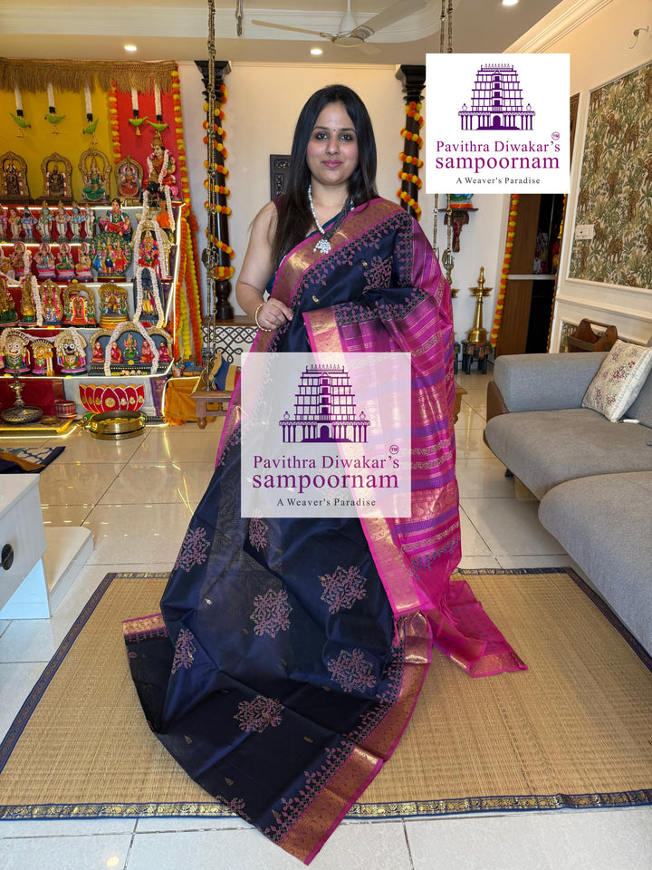 Dark Blue with Pink , rich Zari Butta in the Body ,traditional borders and rich Pallu silk cotton saree
