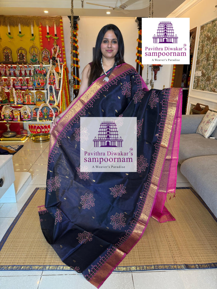 Dark Blue with Pink , rich Zari Butta in the Body ,traditional borders and rich Pallu silk cotton saree