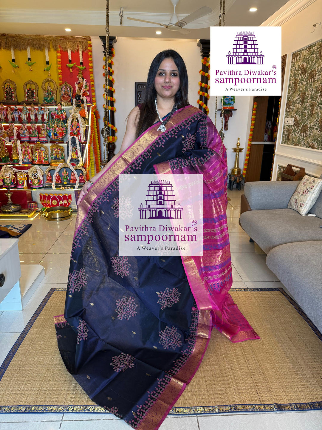 Dark Blue with Pink , rich Zari Butta in the Body ,traditional borders and rich Pallu silk cotton saree