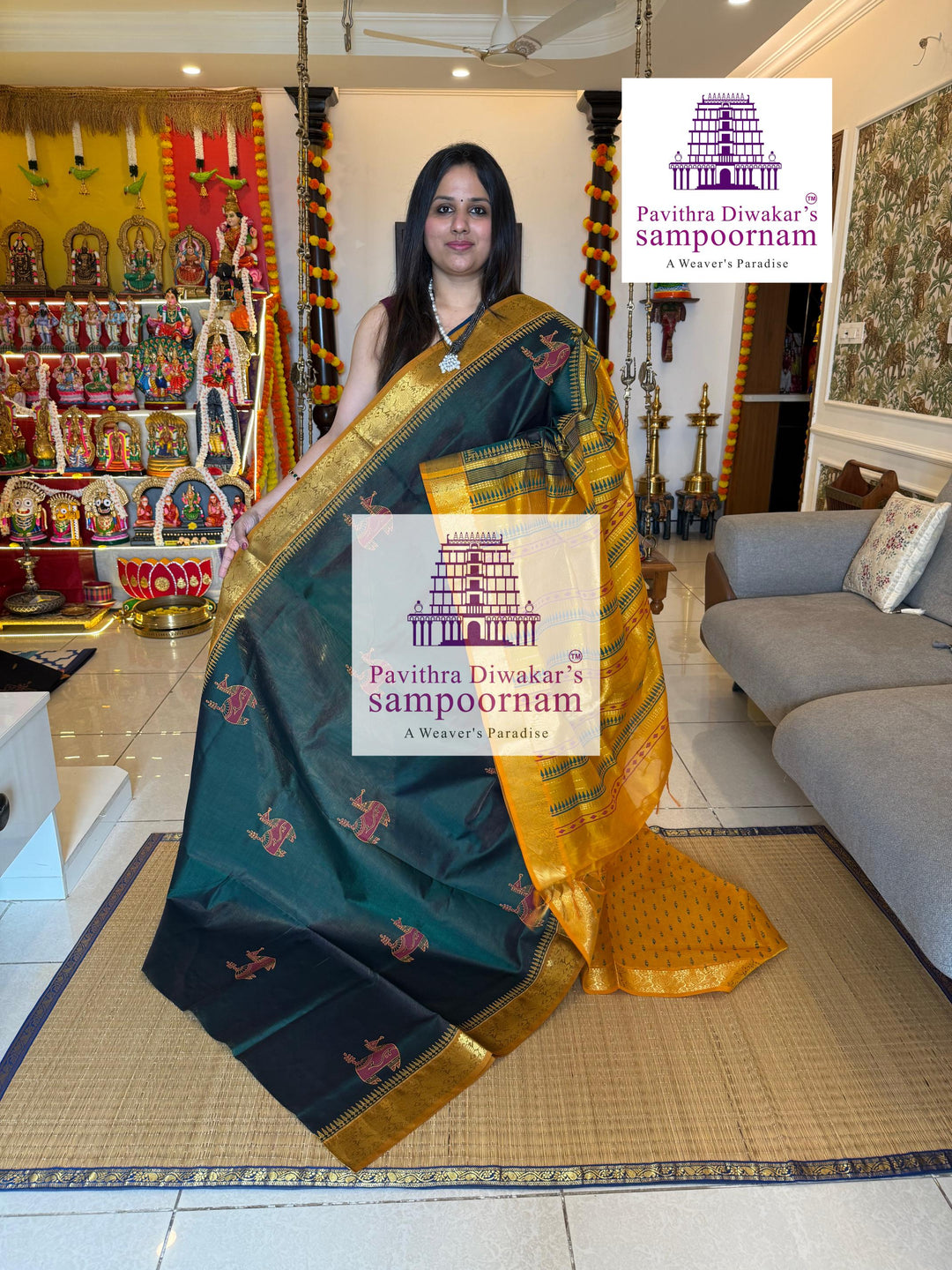 Green with Mustard , Vairaoosi Zari lines in the body , rich zari butta in the body , traditional borders and rich pallu , Terracota horse printed Silk Cotton Saree