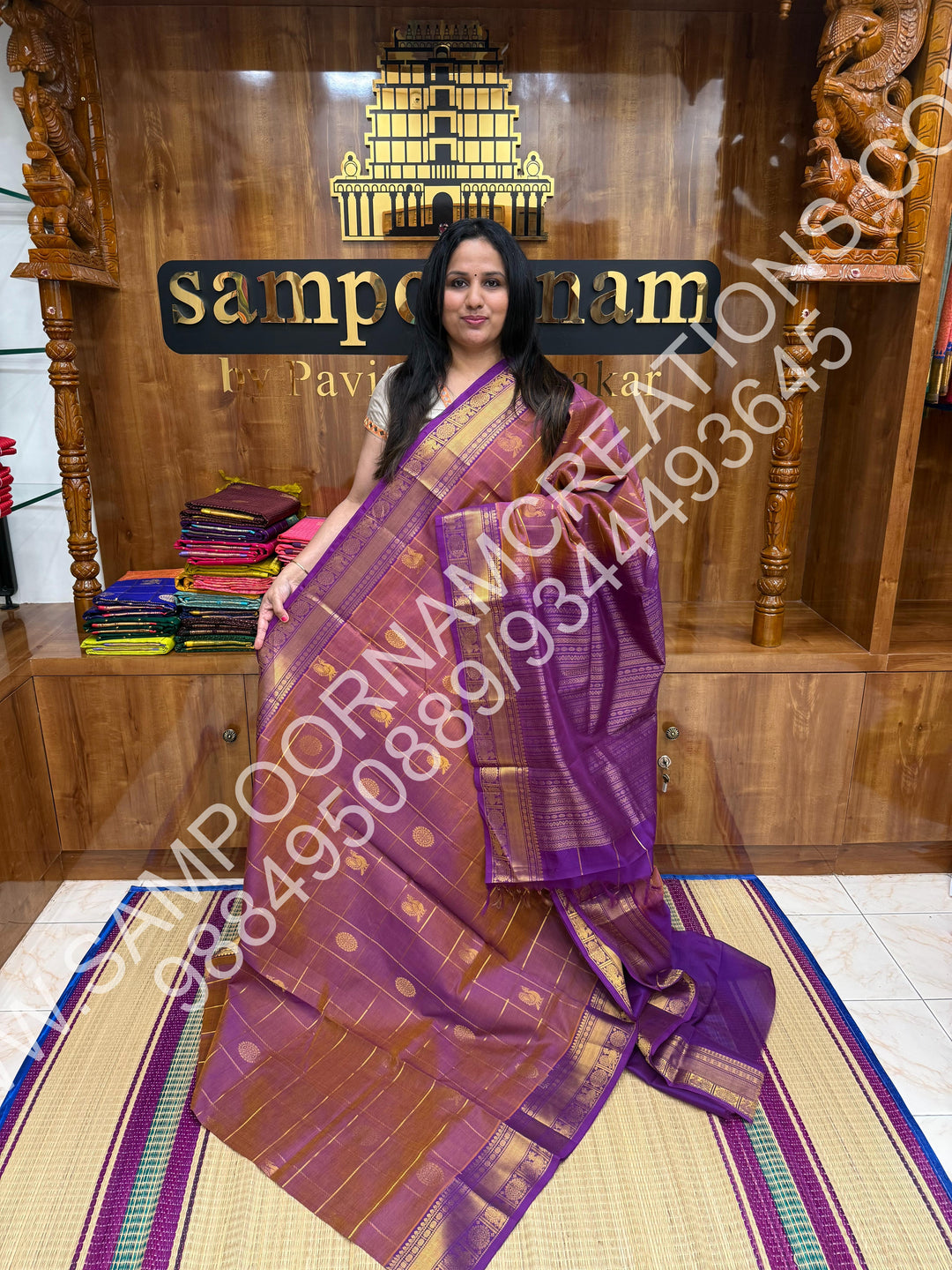 Shade of Lavender, Rich Mayil and Chakram Butta in the Body with Zari Checks, Traditional Borders and Rich Pallu, Pure Silk Cotton Saree