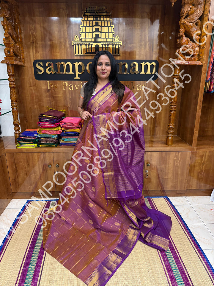 Shade of Lavender, Rich Mayil and Chakram Butta in the Body with Zari Checks, Traditional Borders and Rich Pallu, Pure Silk Cotton Saree