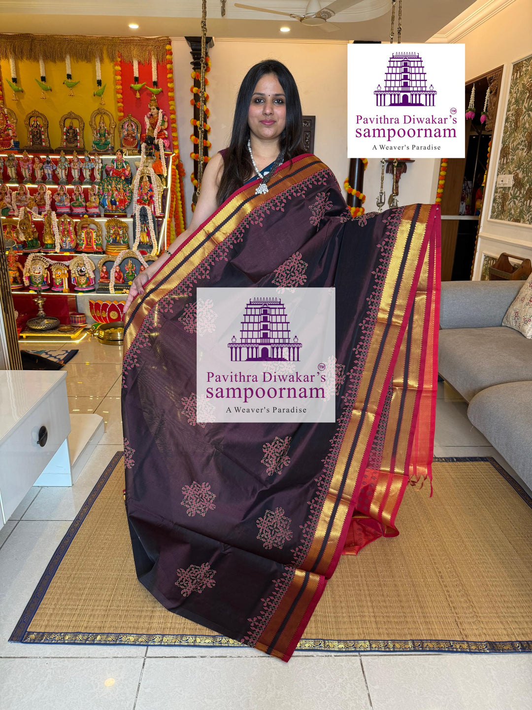 Brown with Orange , rettapet border , Handblock Kolam Printed Silk Cotton Saree