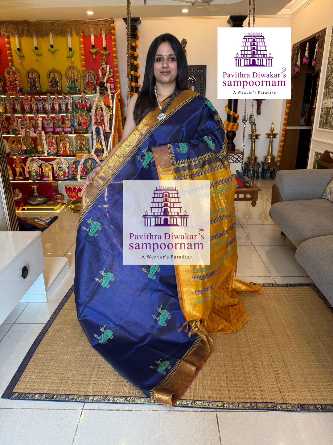 Blue with Mustard , Vairaoosi Zari lines in the body ,  , rich zari butta in the body , traditional borders and rich pallu , Terracota horse printed Silk Cotton Saree