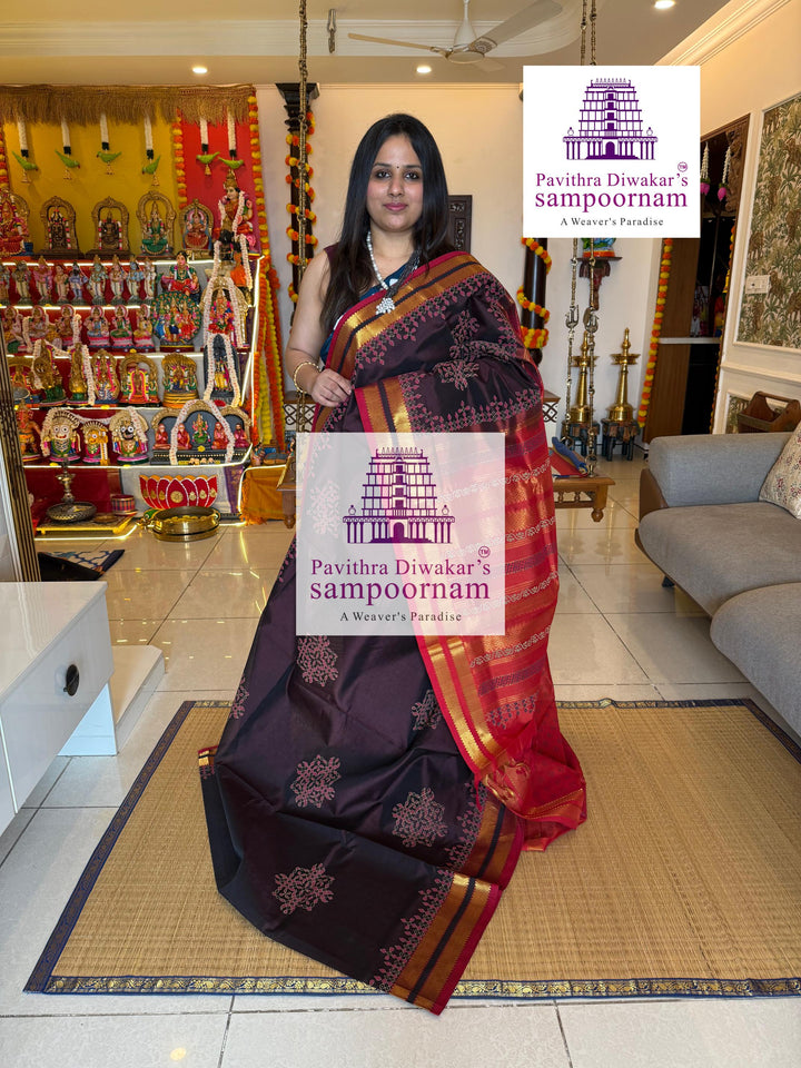 Brown with Orange , rettapet border , Handblock Kolam Printed Silk Cotton Saree