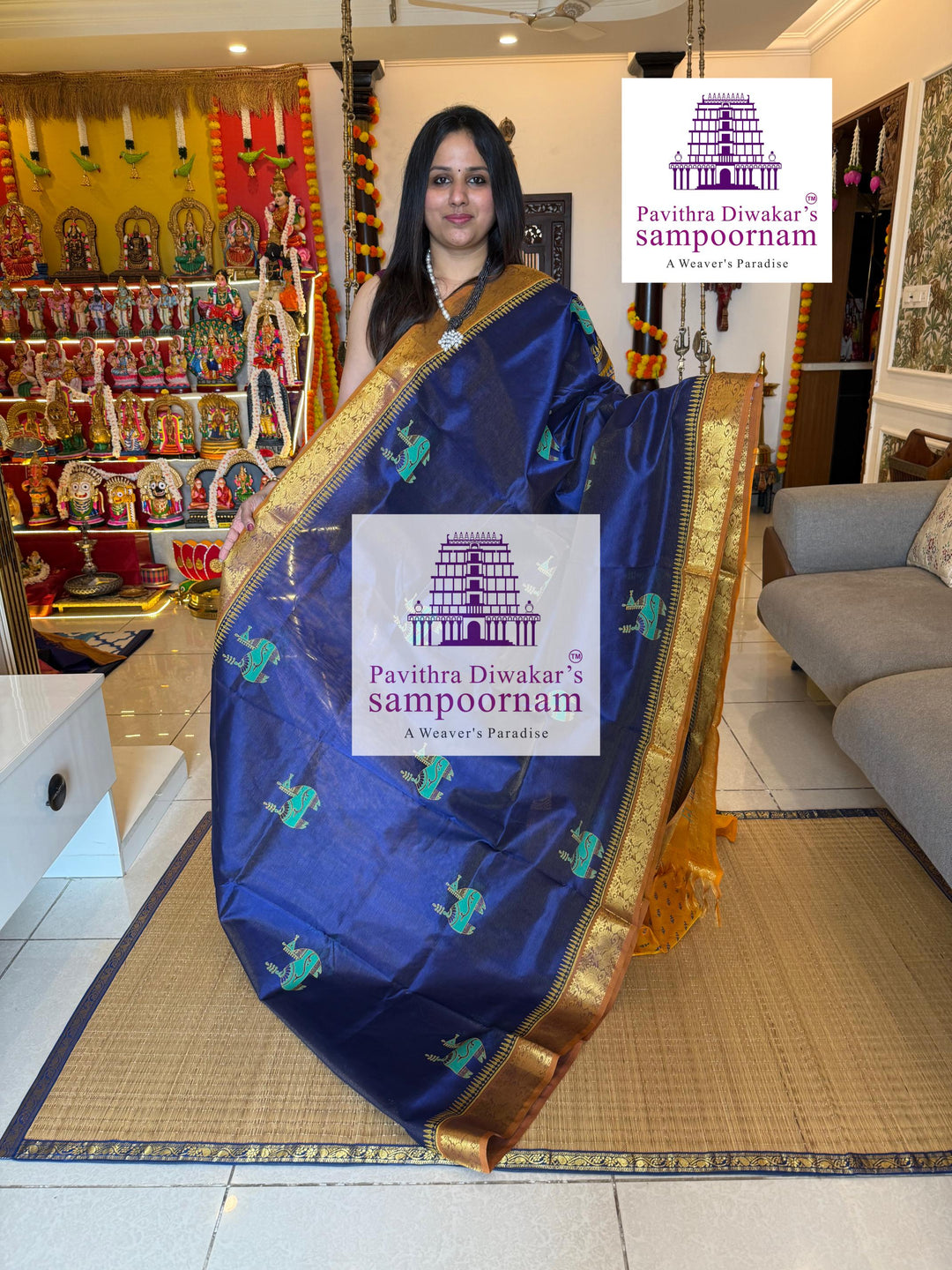 Blue with Mustard , Vairaoosi Zari lines in the body ,  , rich zari butta in the body , traditional borders and rich pallu , Terracota horse printed Silk Cotton Saree