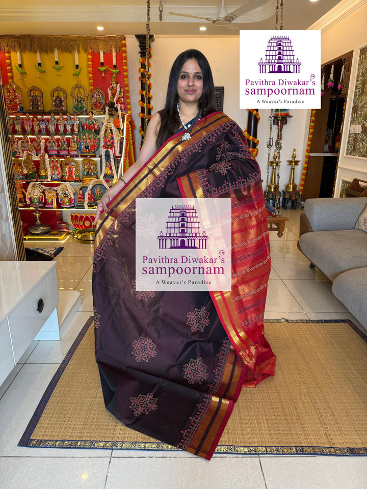 Brown with Orange , rettapet border , Handblock Kolam Printed Silk Cotton Saree