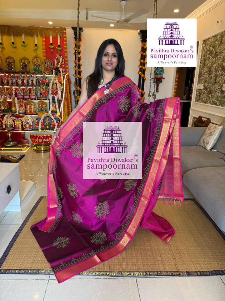 Magenta with Pink traditional borders and rich Pallu Kolam Handblock Printed Silk Cotton Saree
