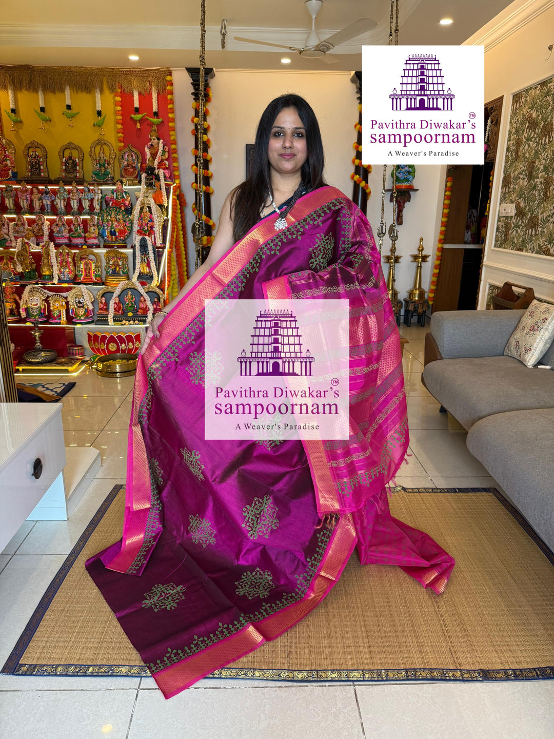 Magenta with Pink traditional borders and rich Pallu Kolam Handblock Printed Silk Cotton Saree