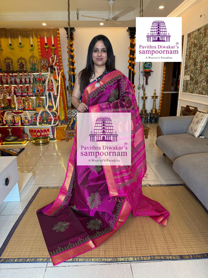 Magenta with Pink traditional borders and rich Pallu Kolam Handblock Printed Silk Cotton Saree