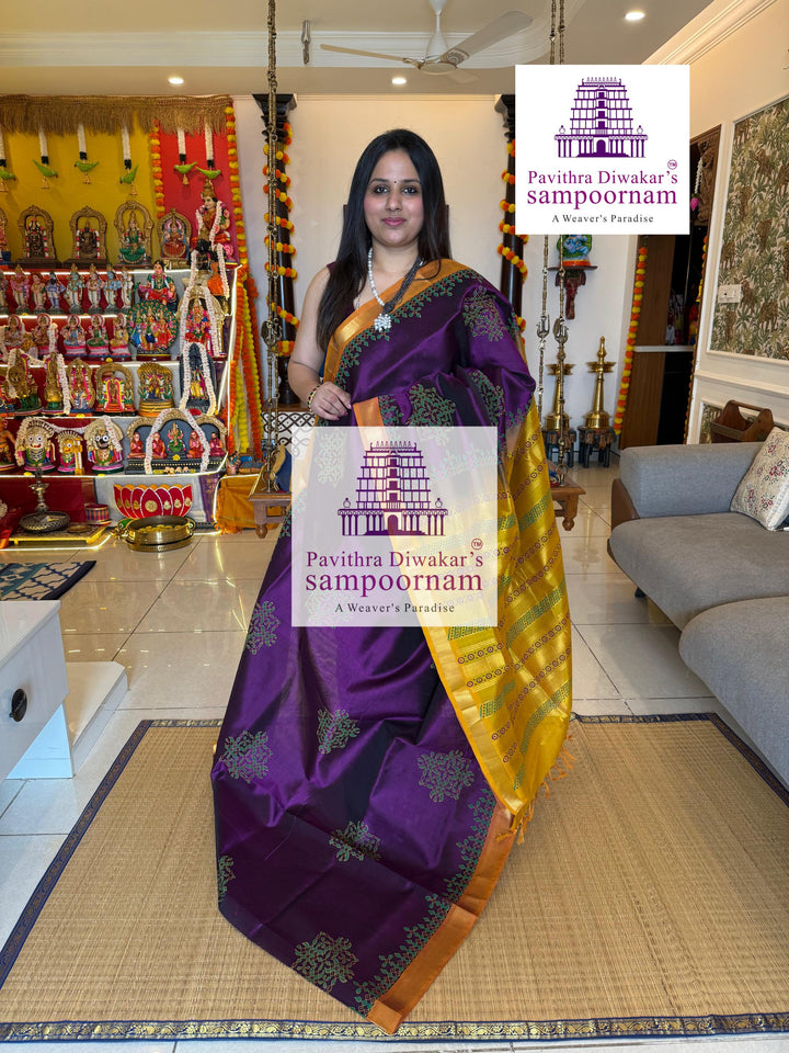 Purple with Fenugreek , traditional borders and rich Pallu Kolam Handblock Printed Silkcotton Saree
