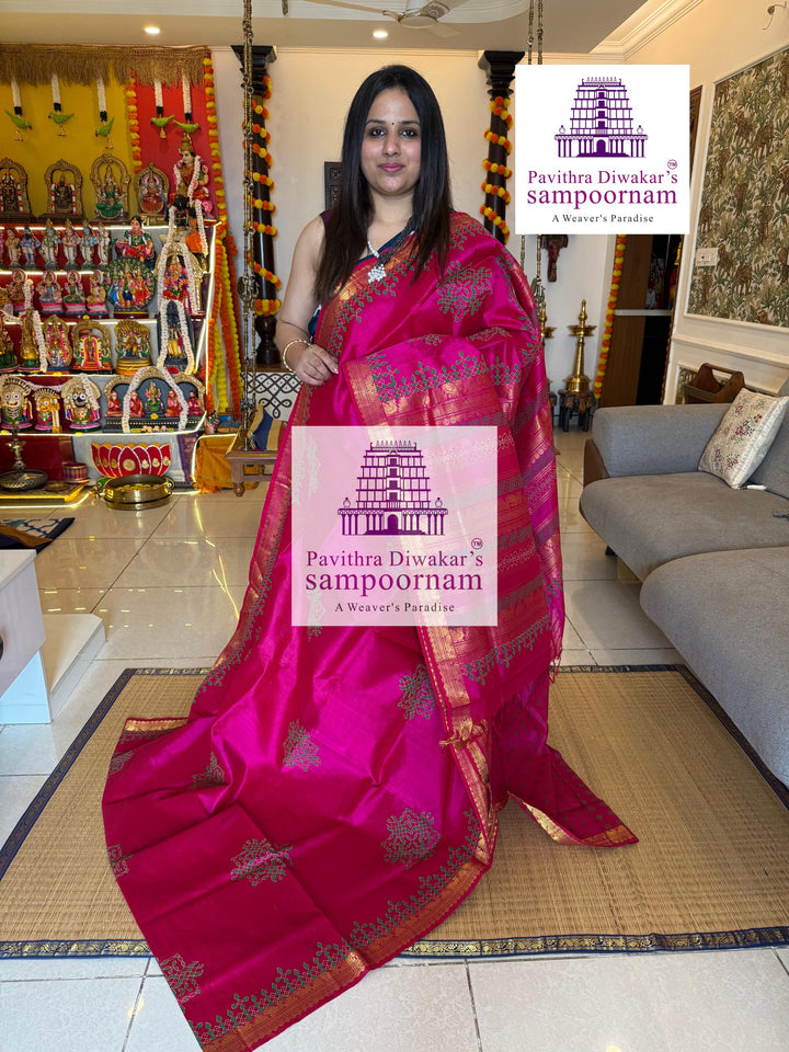 Pink , traditional borders and rich Pallu , Kolam Handblock Printed Silk cotton Saree
