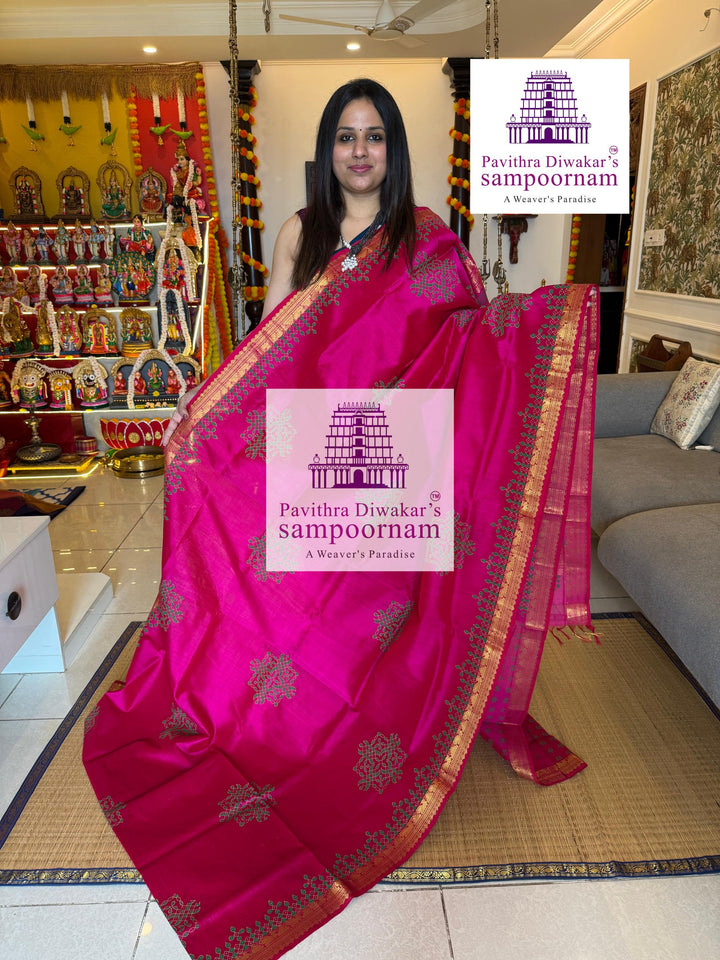 Pink , traditional borders and rich Pallu , Kolam Handblock Printed Silk cotton Saree