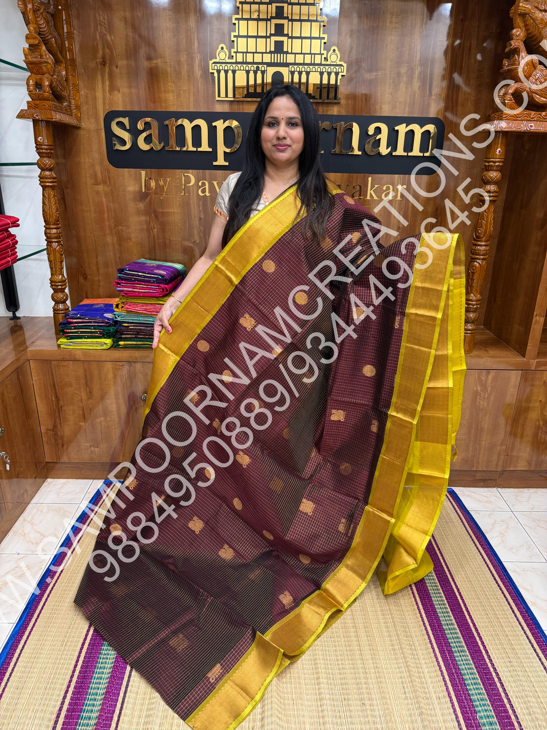 Brown with Lemon Yellow, Rich Mayil and Chakram Butta in the Body with Zari Checks, Traditional Borders and Rich Pallu, Pure Silk Cotton Saree