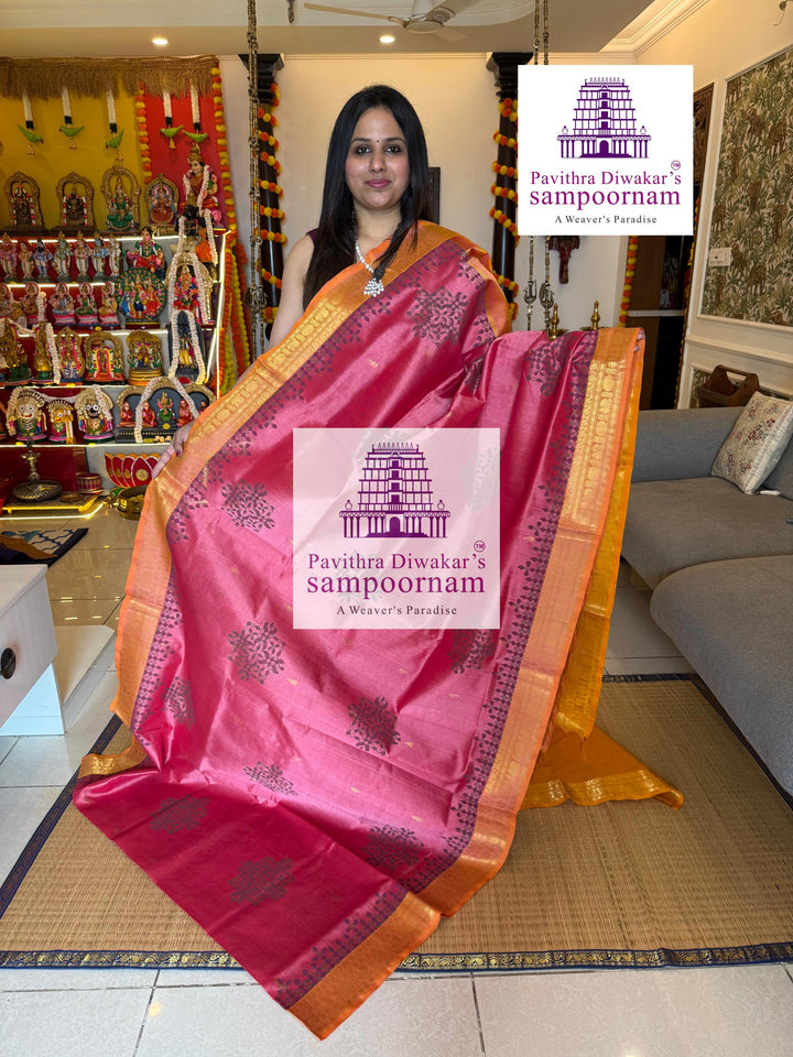 Onion Pink with Mustard , with rich Zari Butta in the Body ,traditional borders and rich Pallu silk cotton saree