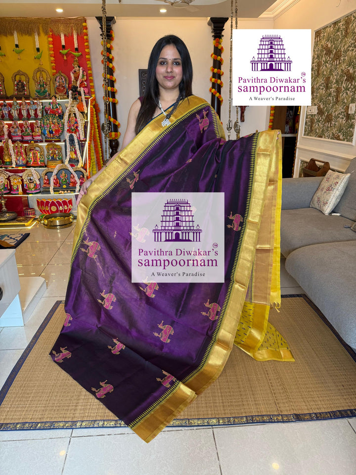 Purple with Lemon Yellow  , traditional borders and rich Pallu , Terracota horse printed Silk Cotton Saree