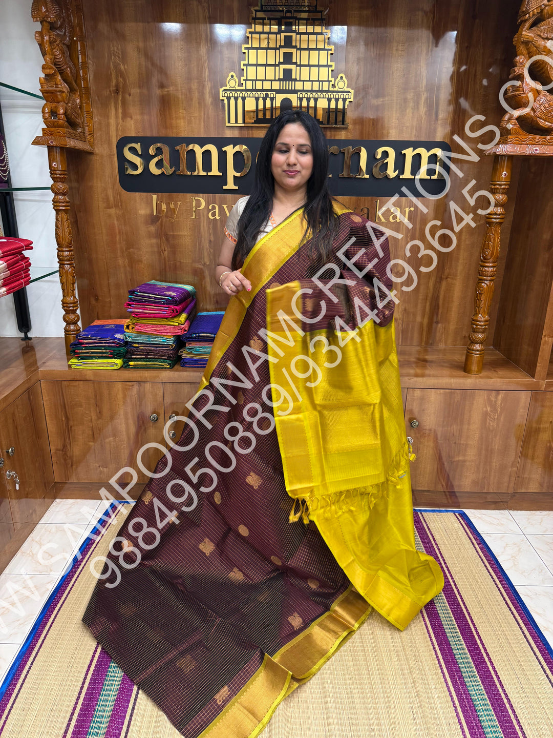 Brown with Lemon Yellow, Rich Mayil and Chakram Butta in the Body with Zari Checks, Traditional Borders and Rich Pallu, Pure Silk Cotton Saree